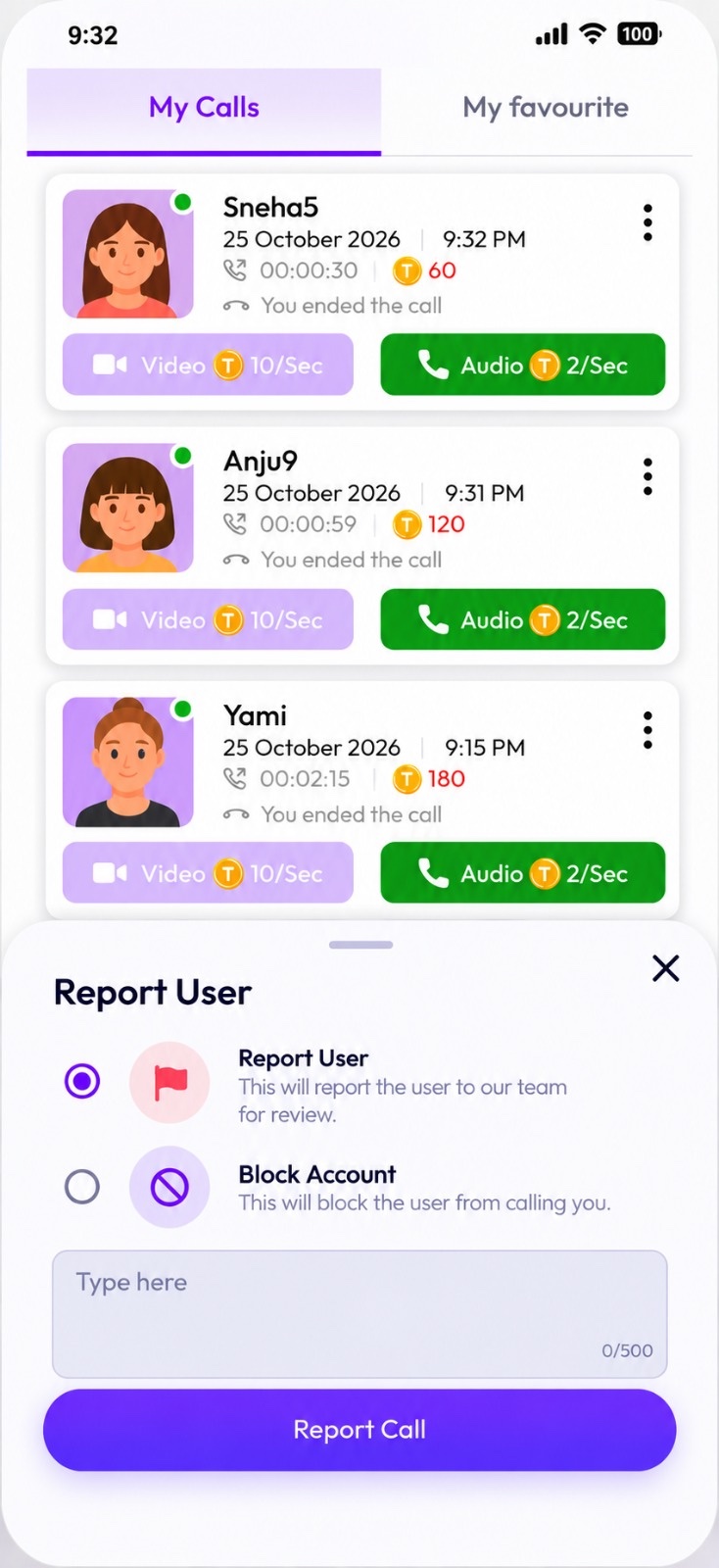 The report form in the Talkiyo app, opened from My Calls, with options to report the user to the safety team or block their account and a box to describe what happened.