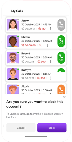 The Talkiyo block confirmation over My Calls, asking whether to block the account