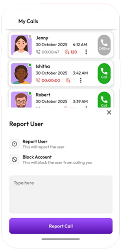 The Talkiyo report sheet open over My Calls, with options to report the user or block the account